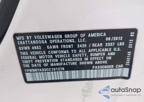 2012 Volkswagen Passat 2.0L Tdi Se из США, поврежденный, VIN 1VWBN7A32CC101276